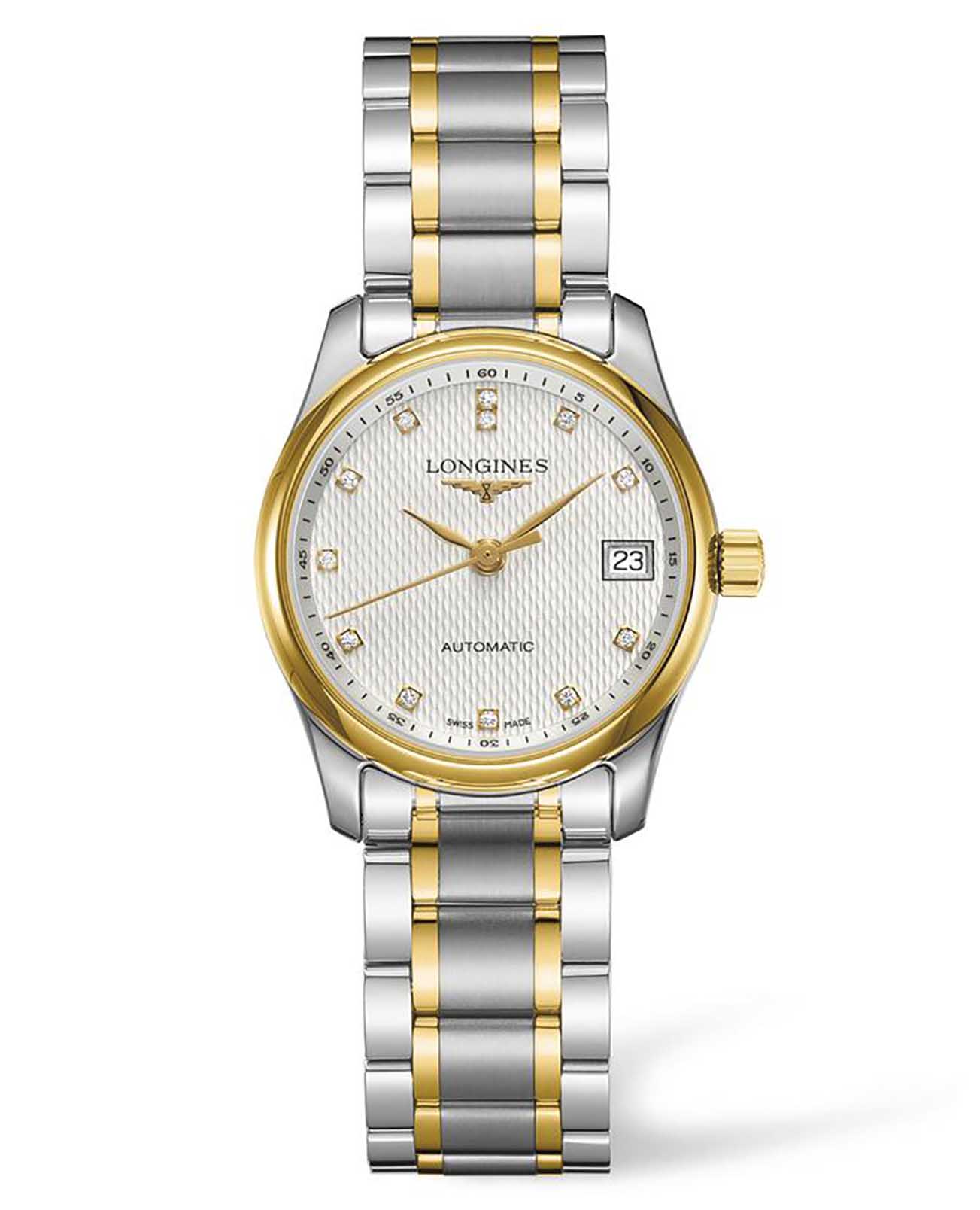 Longines Longines Master Collection L2.257.5.77.7  L22575777 механические женские часы серебристый циферблат, браслет нержавеющая сталь + золото 18к — вид спереди
